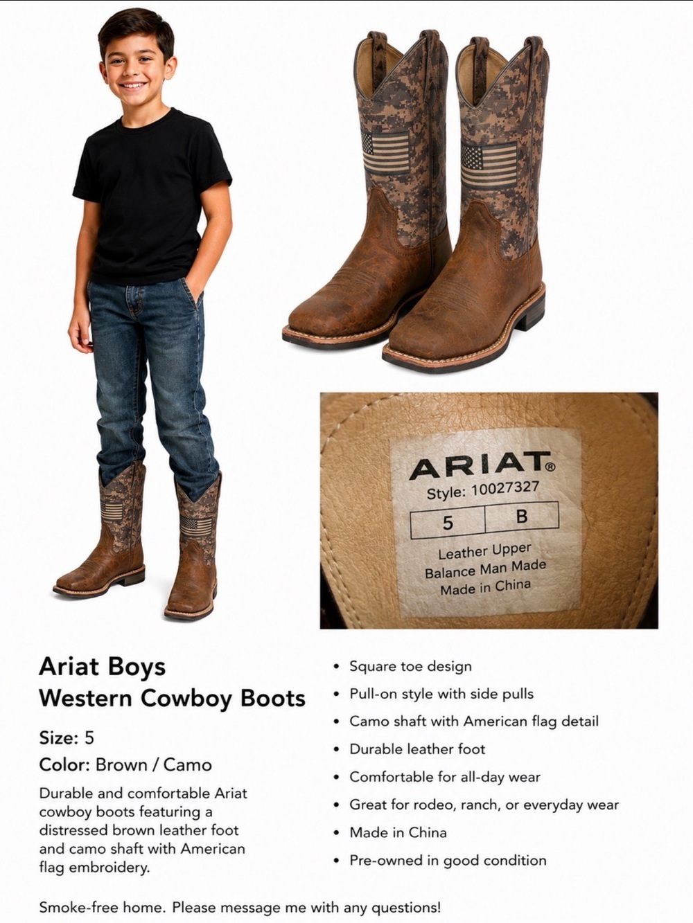 Ariat Brown Leather Boots with Camo Shaft and Flag Detail